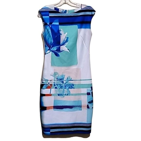 Gabby Skye White And Blue Multicolored Sleeveless Dress Sz 4 - Picture 1 of 7